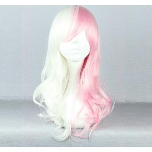 Anime Danganronpa Monomi Women Long Curly Wig Cosplay Costume Dangan Ronpa White Pink Mix Synthetic Hair Halloween Party Wigs
