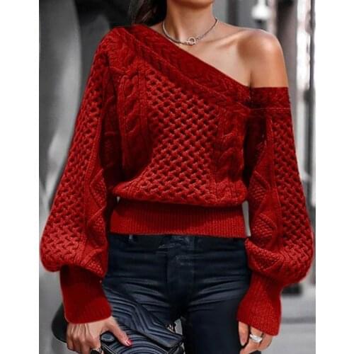 Autumn Winter Sweater Women Solid Red Knitted Off Shoulder Long Lantern Sleeve Loose Soft Jumper Long Sleeve Sweaters Plus Size