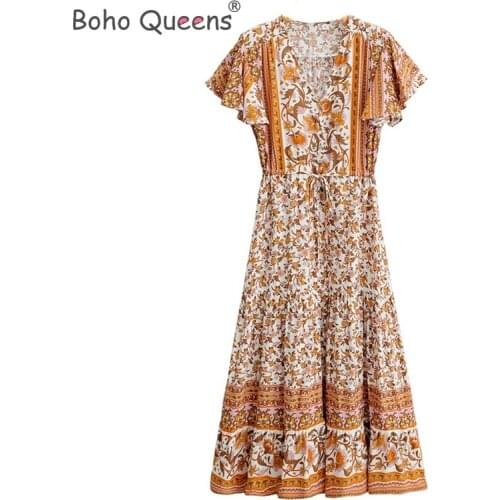 Boho Queens women v-neck floral print beach Bohemian maxi dress Ladies long sleeve Summer Boho dress vestidos