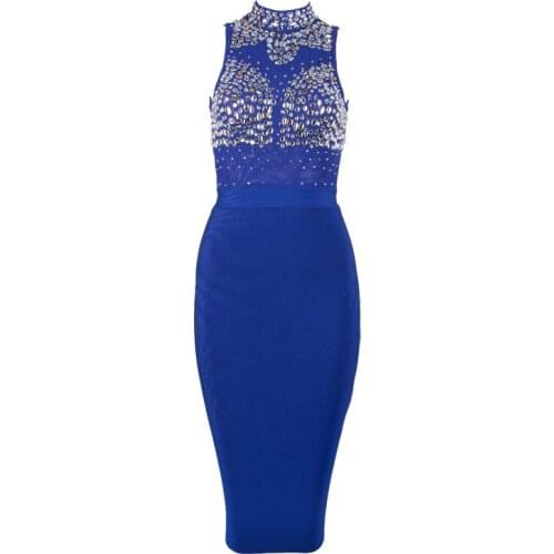 2018 New Arrival Front Mesh Diamonds Women Bandage Dress Sexy Sleeveless Luxurious Midi Dresses Celebrity Party Bodycon Vestido