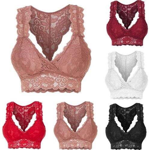 Ladies New Floral Lace Solid Color Underwear Sexy V Neck Breathable Without Rims Gathered Sports Underwear Sleep Bra
