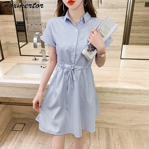 2021 Summer Dress Women Office Lady Shirt Dress Fashion Blue Stripped Sunddress Tunic Turn Down Collar Mini Dress Short Sleeve