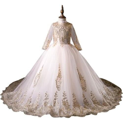 Flower Girl High End Embroidery Long Sleeve Palace Style Wedding Dress Formal Eucharist Long Tail Dress First Prom Party vestido