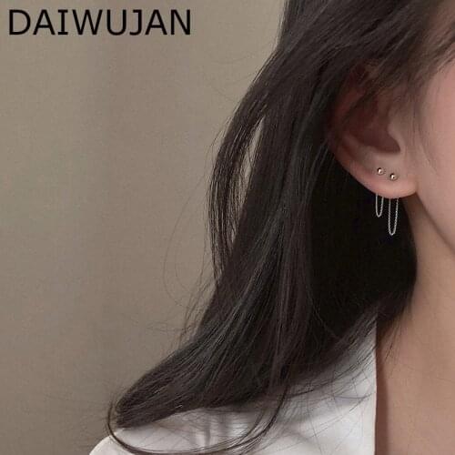 DAIWUJAN Asymmetric Long Short Tassel Beads Stud Earrings for Women Punk 925 Sterling Silver Chain Back Hanging Earrings 2020
