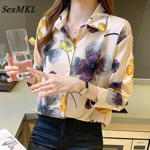 Women Floral Printed Long Sleeve Blouses 2021 Elegant Fashion Office Chiffon Shirts Korean Clothes French Loose Blusas Mujer XL