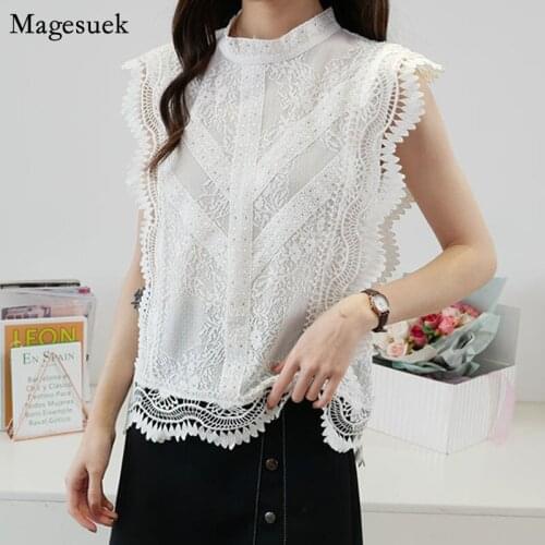 Plus Size M-4XL Lace Tops 2021 Summer Sleeveless Ruffles Blouse Women Hollow Blusas Sexy Shirts Elegant Ladies Top Clothes 14733