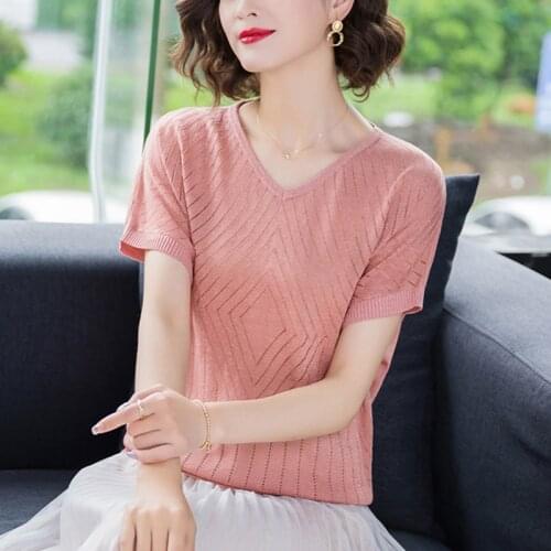 Oversize summer basic office sweater pullover 2021 short sleeve v neck hollow out solid casual female kint jumper sweaters top