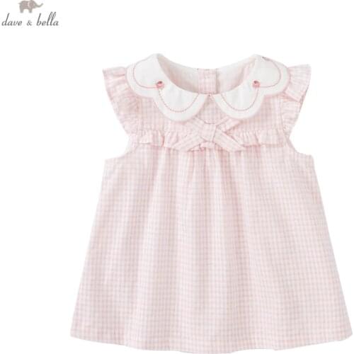 DB17428 dave bella summer baby girls cute bow plaid print T-shirt children tops girl kids fashion tees