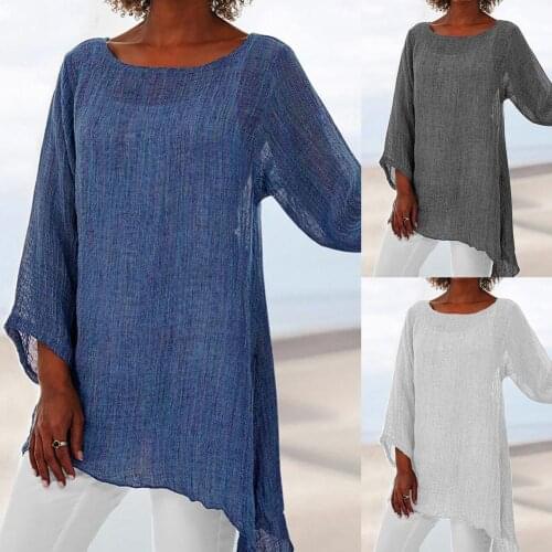T Shirt Women Plus Size Women Solid Color Linen O-Neck Long Sleeve Irregular Tunic Top T-Shirt Casual Loose Tshirt 2021