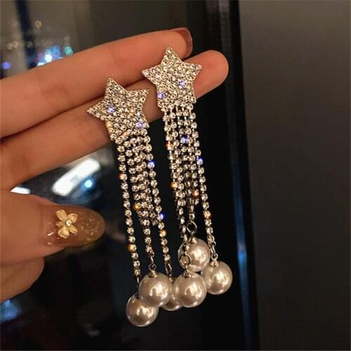 FYUAN Pentagram Crystal Drop Earrings for Women Bijoux Long Tassel Pearl Rhinestone Dangle Earrings Statement Jewelry Gifts