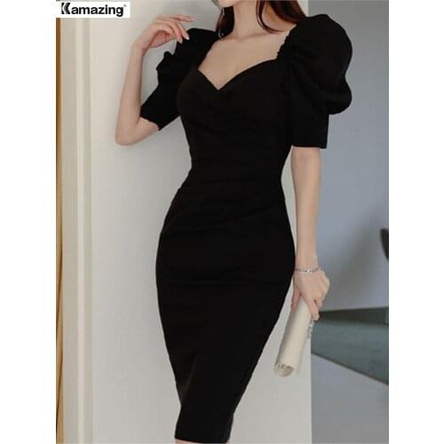 Elegant Party Women Dress Slim V Neck Short Sleeve Mid Pencil Korean style Dress 2021 Summer Office Lady Solid Puff Sleeve