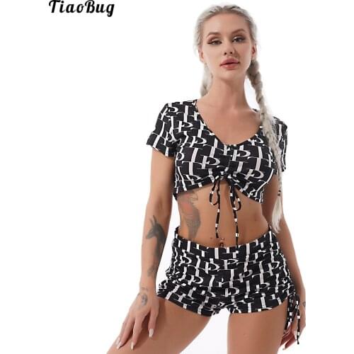 TiaoBug Summer 2Pcs Women Printed Suit V Neck Short Sleeves Drawstring Cropped Top And Shorts Set For Yoga Gym Fitness Running