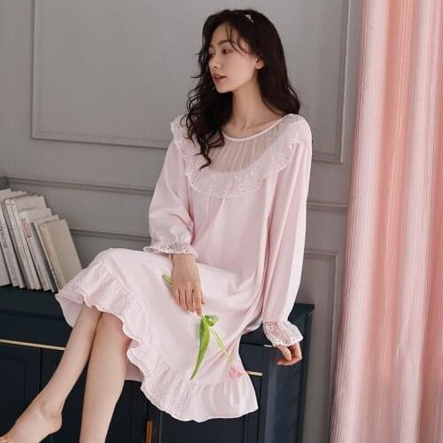 Sweet Lace Floral Women Nightgown Cotton Sexy Ruffles Nightdress Knee-Length Sleepshirts Princess Dress Spring Loose Home Skirt