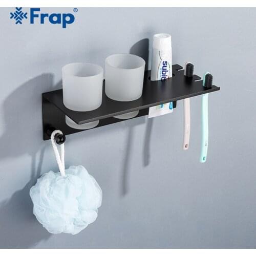 Frap Modern Bathroom Shelf Rack Space Aluminum Couple Toothbrush Cup Holder With Hook Multi-function Bath Shelves Shelf Y18076