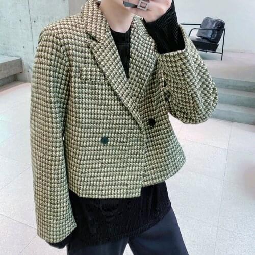2020 Autumn Mens Short Blazer Houndstooth Vintage Plaid Thick Streetwear Tops Green Double Breasted Fashion Dad Suit Jacket