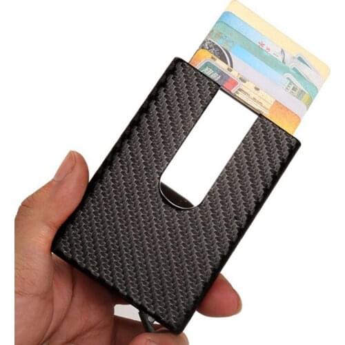 2020 New Carbon Fiber PU Leather ID Metal Credit Card Holder Automatic Slide Card Case Business Aluminum RFID Wallet Cardholder