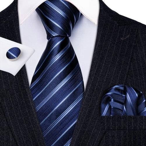 New Fashion Luxury Brand Blue Striped 100% Silk Ties Gifts For Men Wedding Barry.Wang NeckTies Hanky Sets For Groom Business