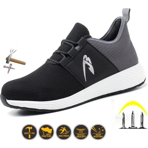 Autumn Work Shoes Breathable Steel Toe Boots Lightweight Air-cushion Safety Work Shoes Anti-slippery For Men Work Sneaker Black
