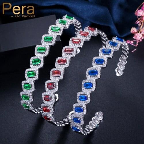 Pera Fashion White Gold Color Open Cuff Red Blue Green Big Square Shape Cubic Zirconia Bangles for Elegant Women Jewelry Z039
