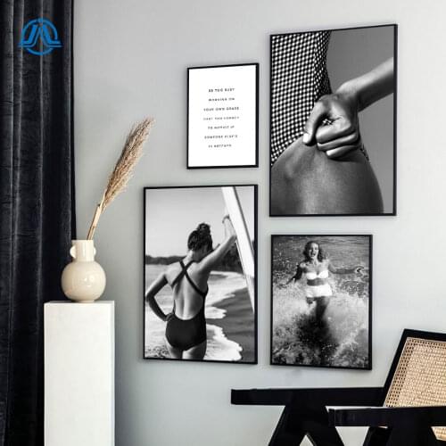 Beach Landscape Posters Prints Go Surfing Girl Portrait Wall Art Canvas Painting Black and White Photography Pictures Home Decor