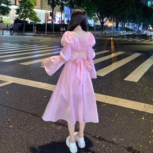 Backless Design Dress Korean Fashion Long Sleeve Pure Color Dresses Women Party Bandage Fairy Midi Dress Female 2021 autumn new