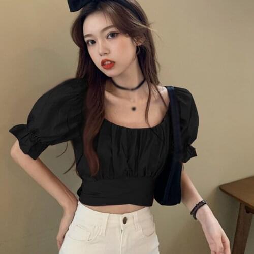 Square-Neck Casual Ladies Shirt Summer Open Waist Tie-Puff Sleeve Solid Color Short-Sleeved Top