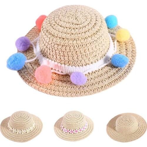 Adjustable Pet Cat Dog Woven Straw Hat Small Dogs Cats Sunshade Cap Beach Party Colorful Pompom Ball Dog Straw Cap