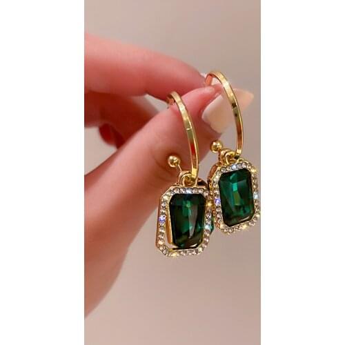 Luxury Green Crystal Square Pendant Dangle Earrings For Woman Fashion Korean Jewelry Wedding Party Sexy Girls Unusual Earrings