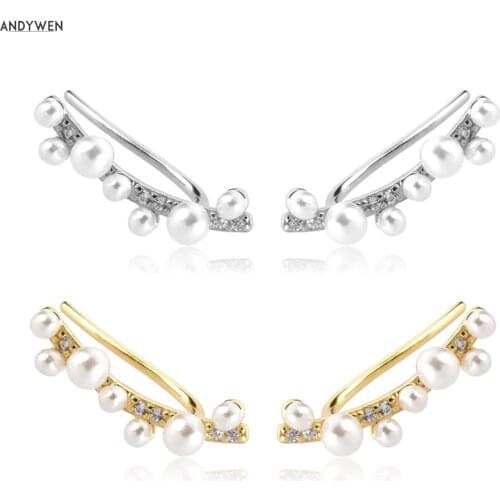 ANDYWEN 925 Sterling Silver 2021 Line Pearl Climber Thread Ear Bar Stud Earring Piercing Stud Luxury Pearl Wedding Jewelry