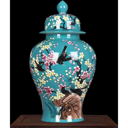 High temperature ginger jar color glaze cover pot general storage caddy temple jar famille rose flower bird