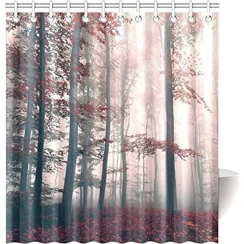 Mystical Charcoal Foggy Country Decor Bathroom Curtain Trees and Leaves Red Grass Scene Shower Curtains Waterproof Bath Sets