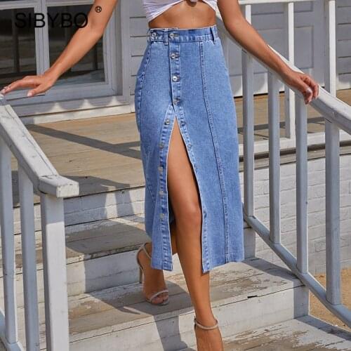 Sibybo High Waist Split Midi Demin Skirt For Woman Summer Korean Style Jeans Skirts Ladies Blue Slim Button Streetwear Harajuku