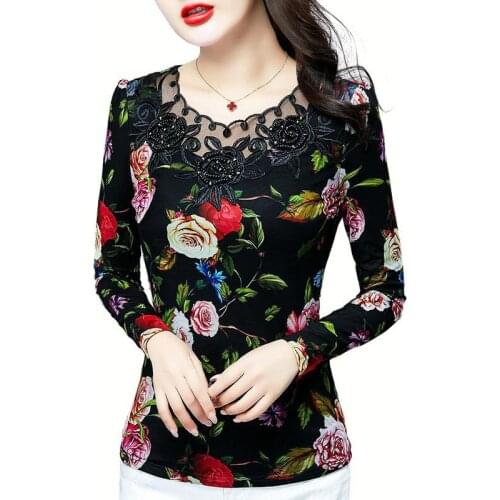 Embroidery Women Spring Autumn Style Lace Blouses Shirts Lady Casual Flower Printed O-Neck Lace Blusas Tops DD8015