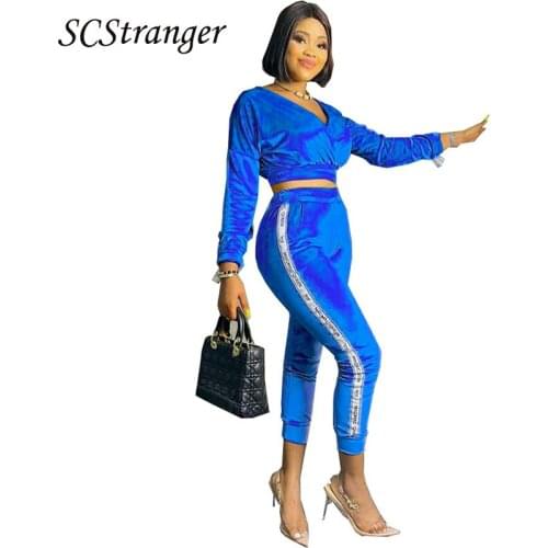 SCSTRONGER Ladies Velvet Sports Suit Solid Color Slim Navel Sexy Casual Fashion V neck Long Sleeve Suit спортивныйкостюм женск