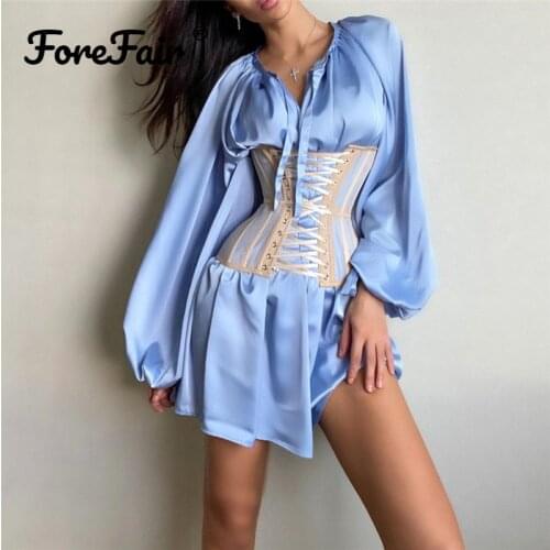 Forefair Satin Dress Women Long Lantern Sleeve Fashion Loose Casual Party Khaki V Neck Bow Tie Elegant Silk Mini Dress Women