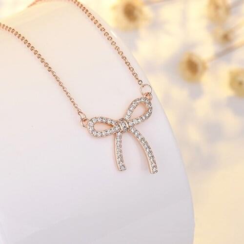 White Stone Cute Bowknot Pendant Necklace Luxury Crystal Necklaces For Women Boho Rose Gold Silver Color Clavicle Chain Necklace