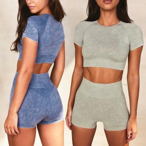 Seamless Sport Set Women Female Two 2pcs Piece Solid Crop Top Shirt Shorts Yoga Sportsuit Workout Outfit Run Fitness Gym Wear