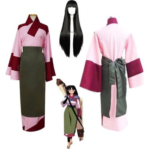 Anime Inuyasha Sango Kimono Cosplay Costume Women Girls Japanese Inuyasha Sango Kimon Cos Clothing With Wig Free Shipping