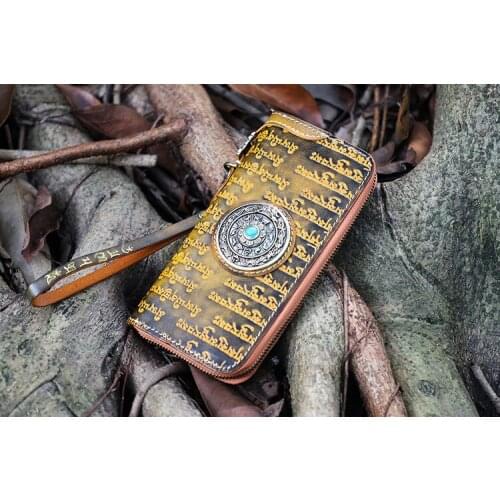 Free Shipping,Brand Tibet scripture style leather wallet.vintage genuine Leather purse.tanned leather long hand carvings bag