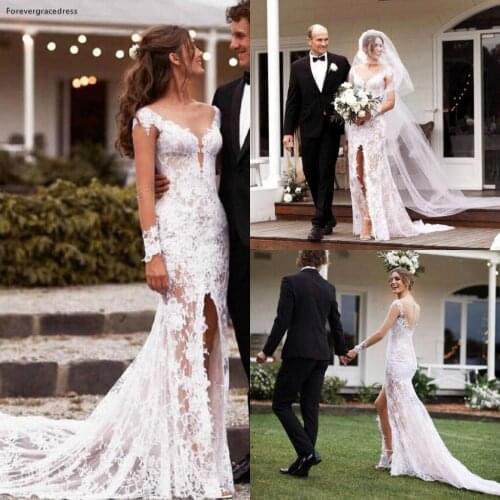 Boho Lace Mermaid Wedding Dress Sexy Front Split Sheer Long Sleeves Open Back Vestido De Noiva Bohemia Bridal Gowns