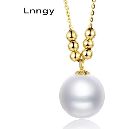 Lnngy Luxury 18K Yellow Gold Natural Cultured Freshwater Pearl Pendant Necklace Women Weeding Beads Chian Engagement Necklace