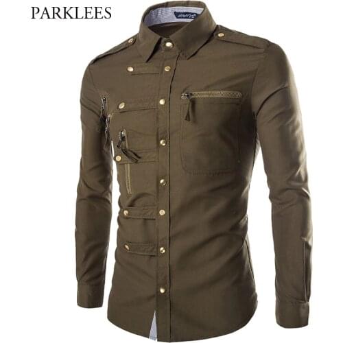 Fashion Army Green Social Dress Shirt Men Casual Slim Fit Military Style Mens Shirt With Epaulet Harajuku Streetwear Homme Tops