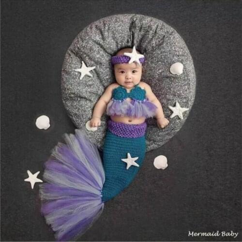 New arrival Newborn photography props mermaid costume headband +bra+tail handmade cotton yarn knitting outfits 0-1M or 3-4M
