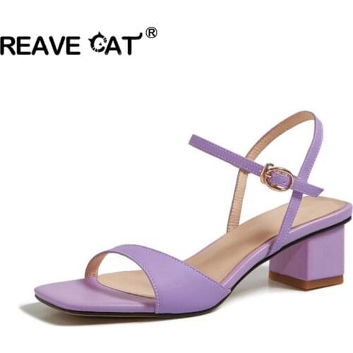 REAVE CAT 2021 Top Quality Full Genuine Leather Sandals Women Shoes Buckle Simple Vintage Thick Heel Sandals Ladies Party Shoes