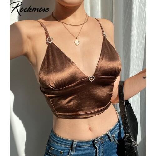 Rockmore Brown Y2K Sexy Satin Crop Tops Tees Spaghetti Strap V Neck Cami Sleeveless Tank Top Fashion Streetwear ClubParty Summer