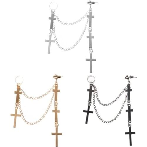 Gothic Punk Cross Long Tassel Double Chains Ear Cuff Earrings Fashion Jewelry