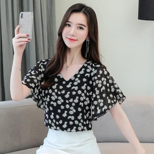Spring Summer Style Women Fashion Print Chrysanthemum Blouses Shirts Tops V-Ncek Casual Loose Blusas Large Size MM02955