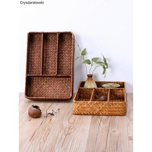 Straw Sundries Storage Basket Desktop Separate Storage Box Knife and Fork Tray Cutlery Tray Key Sundries Hand Finishing Basket