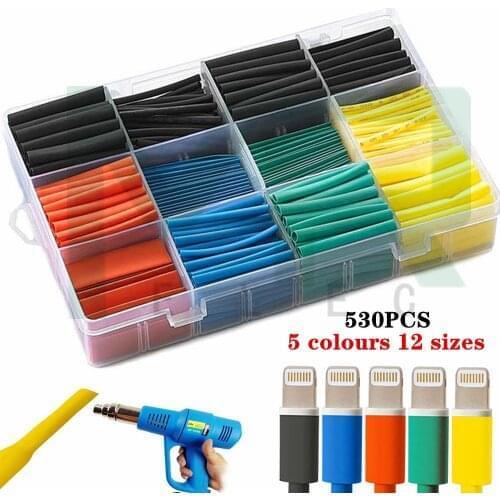 530PCS Heat Shrink 5 colors 12 sizes Assorted Polyolefin Heat Shrink Tube Cable Sleeve Wrap Wire Set Insulated Shrinkable Tube
