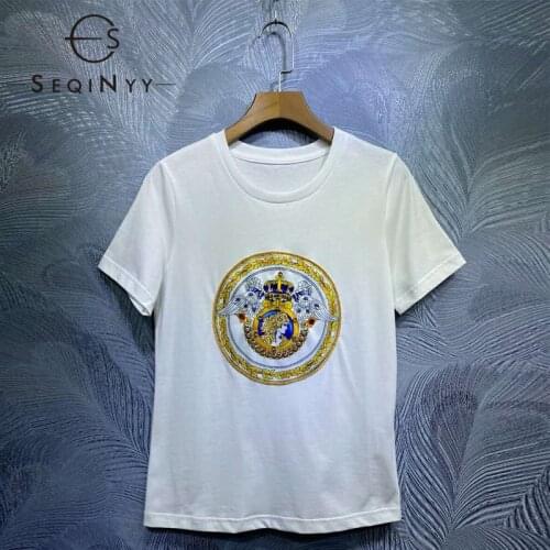 SEQINYY Vintage T Shirt Print Summer Spring New Fashion Design Women Luxury Crystal High Quality Tee Slim Casual 100% Cotton